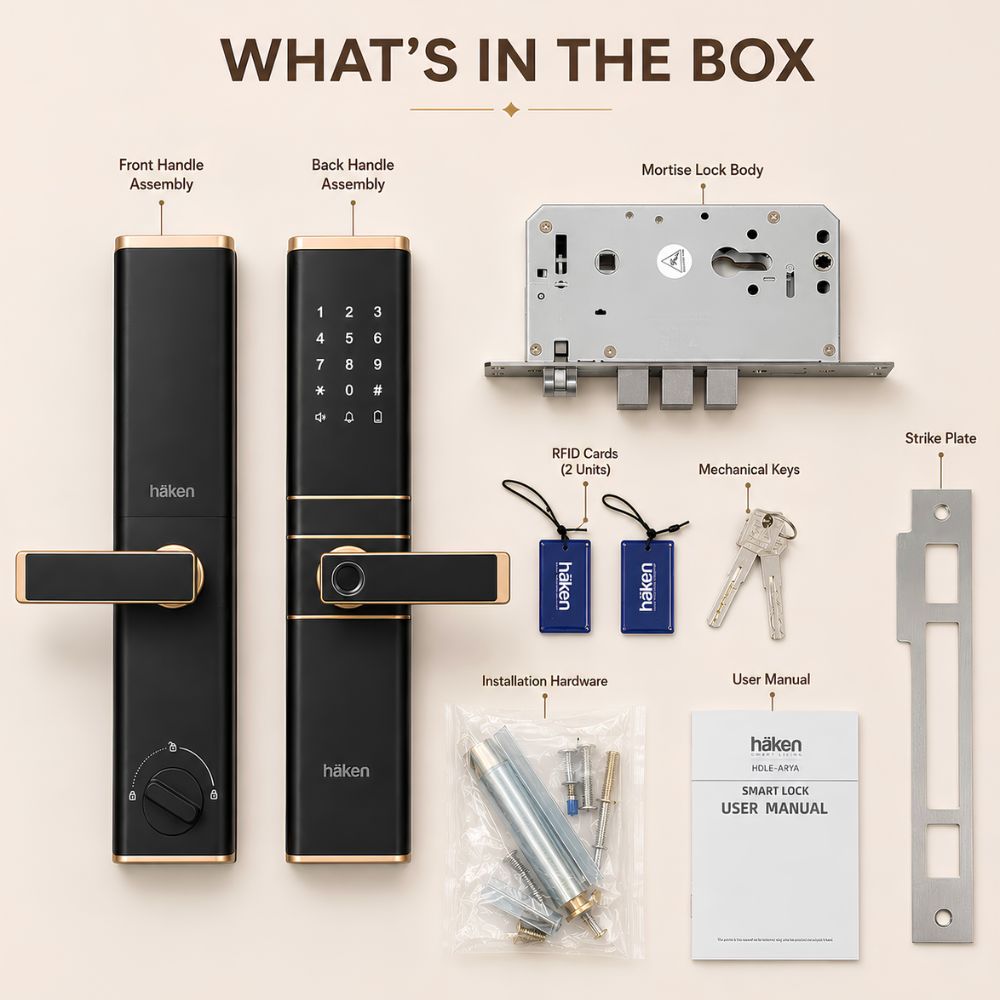 HDLE-ARYA Smart Mortise Door Lock (Gold)| 5-Way Access | Fingerprint, RFID Card, Touch Pad, Mechanical Key & WiFi App