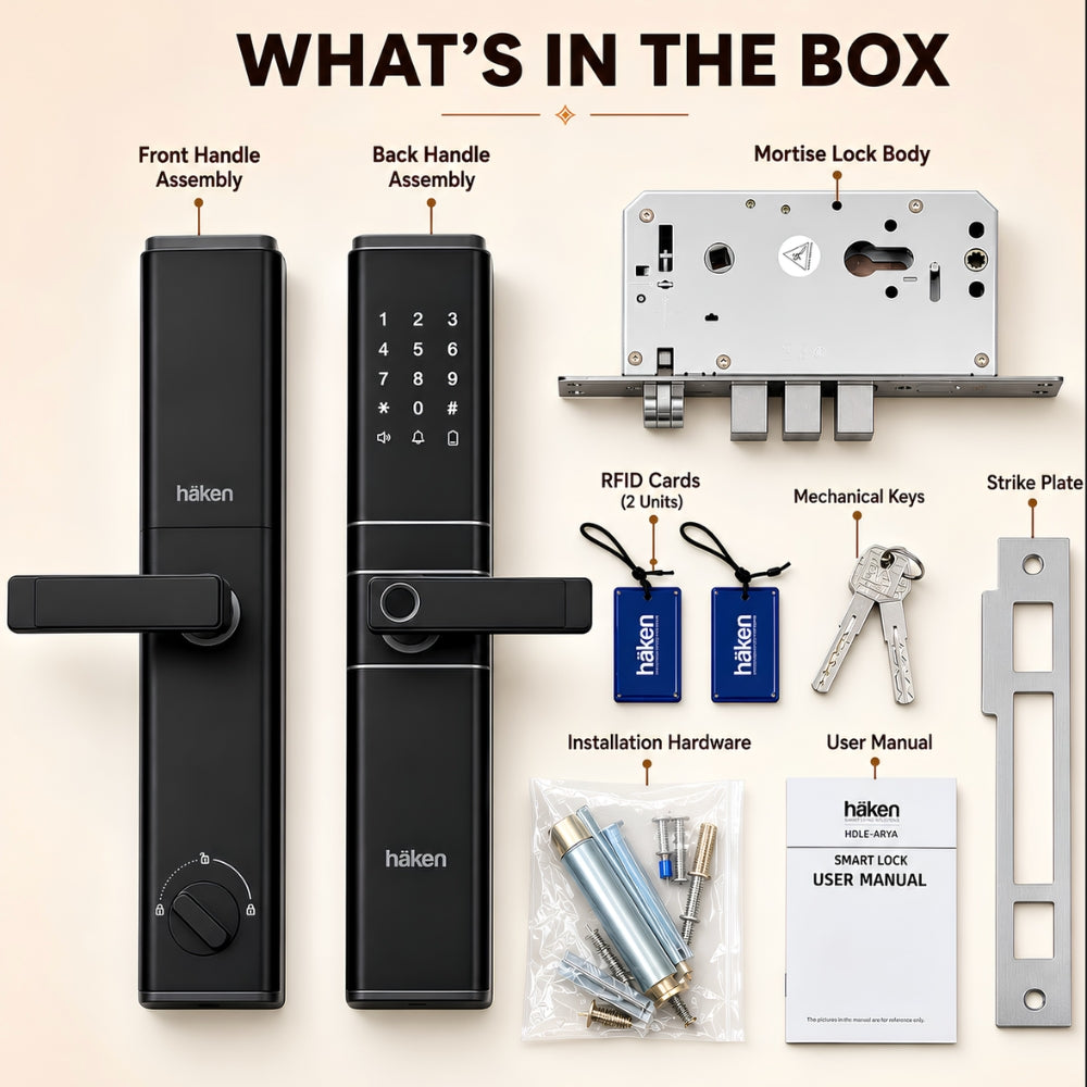 HDLE-ARYA Smart Mortise Door Lock (Black)| 5-Way Access | Fingerprint, RFID Card, Touch Pad, Mechanical Key & WiFi App