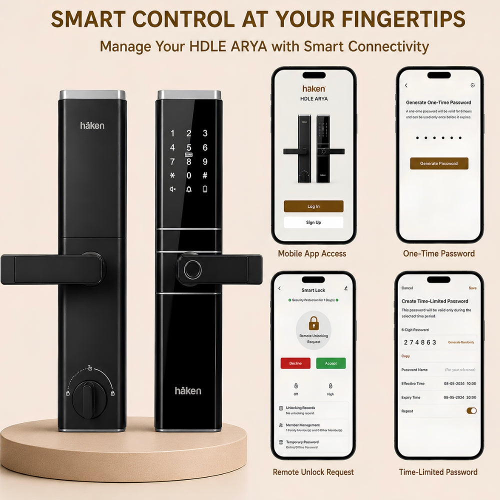 HDLE-ARYA Smart Mortise Door Lock (Black)| 5-Way Access | Fingerprint, RFID Card, Touch Pad, Mechanical Key & WiFi App