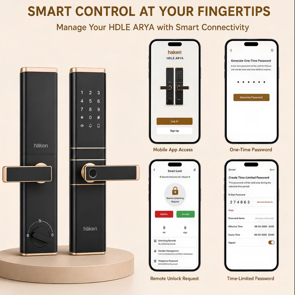 HDLE-ARYA Smart Mortise Door Lock (Gold)| 5-Way Access | Fingerprint, RFID Card, Touch Pad, Mechanical Key & WiFi App
